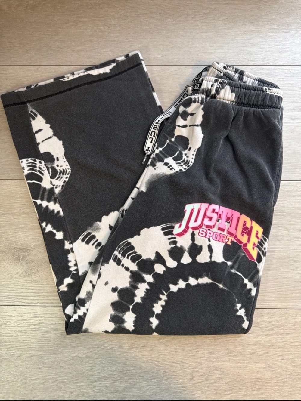 Justice Black & White Tie-Dye Sweatpants with Pink/Yellow Logo
